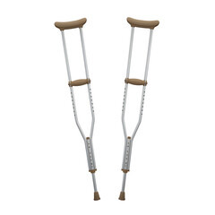 Crutches with rubber tips and wooden hand grips on white background  