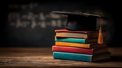 a graduation cap resting on a stack of colorful books symbolizing education and academic achievement.