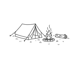 Camping scene drawing. It is a black and white outline image of a tent, campfire, and log, depicting a simple and inviting outdoor wilderness scene. Vector sketch line art draw.