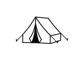 Camping tent drawing. It is a black and white outline image of a simple camping tent, representing shelter, outdoor adventure, and basic accommodation. Vector sketch line art draw.