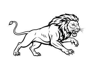 Lion attacking drawing. It is a black and white outline image of a fierce lion launching an attack, displaying its sharp claws and aggressive posture. Vector sketch line art draw.