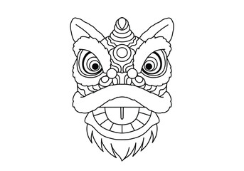 Lion dance head drawing. It is a black and white outline image of a traditional Chinese lion dance head, a vibrant cultural symbol of celebration and good fortune. Vector sketch line art draw.
