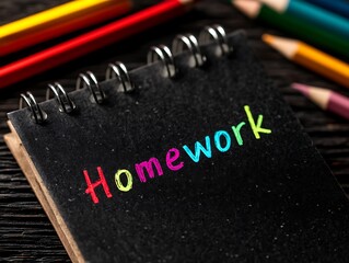 Colorful homework text written on a black notebook surrounded by colored pencils for creative schoolwork.
