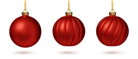 Christmas red bauble set PNG. Classic festive holiday decor bright sphere toy with loop for hanged isolated. 3D Realistic vector illustration.