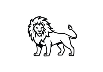 Fototapeta premium Fire lion drawing. It is a black and white outline image of a proud lion, a symbol of strength and courage, with a stylized, fiery mane. Vector sketch line art draw.