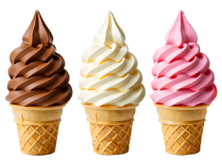 Three soft serve ice cream cones close up shot on transparent background , no background 