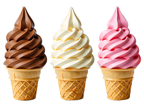 Three soft serve ice cream cones close up shot on transparent background , no background 