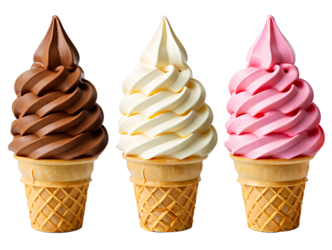 Three soft serve ice cream cones close up shot on transparent background , no background 