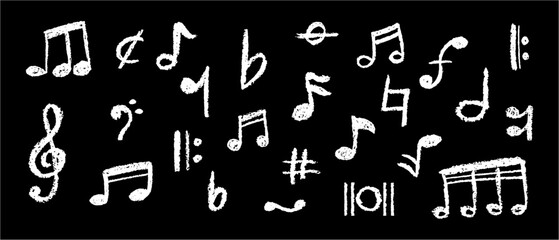 Handwritten pop vector background with charcoal scribble music icons. Playful and dynamic style perfect for modern music themed graphics. Cute childish music school white pastel or wax pencil signs
