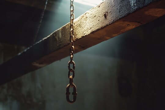 Rusted chain links hanging from an old industrial beam in soft lighting