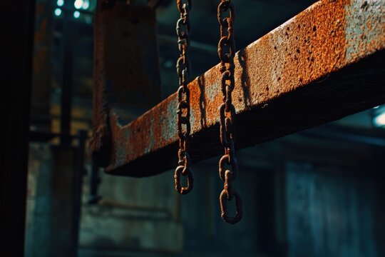 Rusted chain links hanging from an old industrial beam in soft lighting