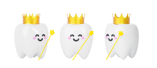 Cute tooth fairy cartoon kawaii character, baby tooth in golden crown and magic wand with star. Dental fantasy 3d render icon set, concept of gift, money or surprise for children.