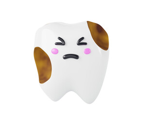 Teeth cartoon kawaii character with dental plaque, tartar or enamel caries 3d render icon. Dirty sad baby tooth with toothache on blue background, treatment and clearing oral cavity