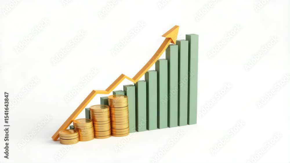 Poster a stack of coins and a rising bar graph with an upward arrow symbolize financial growth and increasi