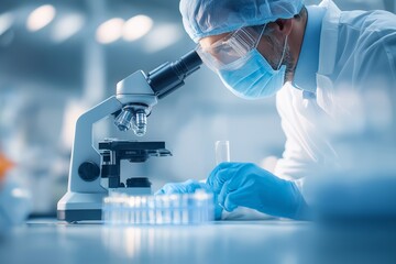Male scientist in protective gear and mask works in a laboratory, examining test tubes under a microscope. Research, focus, modern lab setting.