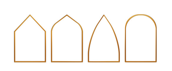 Islamic or arabic golden door arches, gates 3d render icon set. Ramadan Eid frames, architecture borders, portal entrance, windows of mosque, castle or palace isolated on background © marozhkastudio