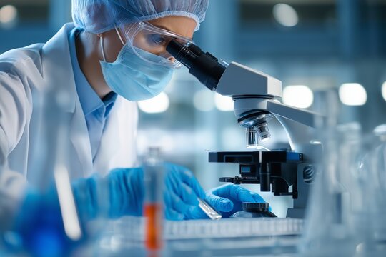 Female lab technician in mask and gown studies samples with a microscope in the laboratory. Scientific analysis, focus, blue gloves, medical research.