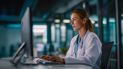 A female doctor in a white coat works at a computer in a modern hospital office.