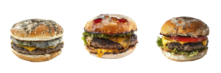Set of rotten moldy burgers isolated on transparent background PNG