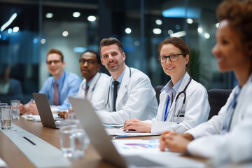 Naklejka na ściany i meble A diverse team of doctors at a meeting table in a hospital conference room.