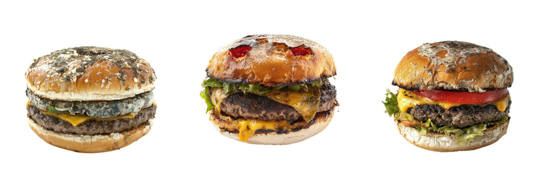 Set of rotten moldy burgers isolated on transparent background PNG