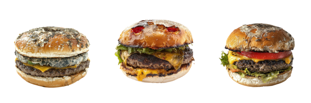 Set of rotten moldy burgers isolated on transparent background PNG