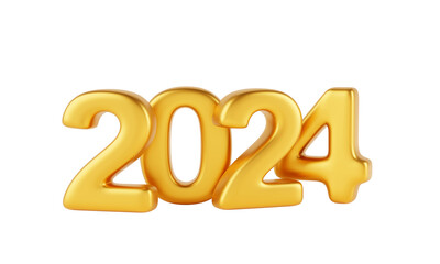 2024 golden Happy New Year numbers 3d render banner design. Luxury shine gold metal font, typography for calendar, greeting card and celebration of Christmas on beige background