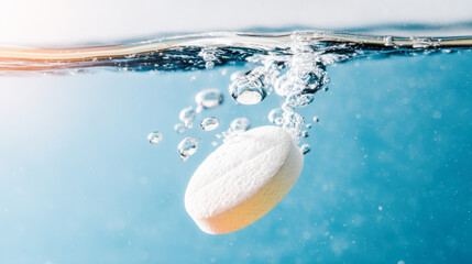 Obraz premium White tablet dissolving in water creates dynamic bubbles in soft blue background