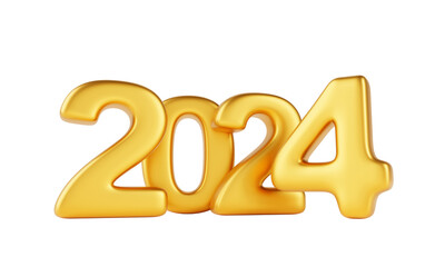 3d render golden 2024 numbers, New year mockup banner. Luxury gold chrome font on white studio background with shadow. Typography text design, yellow glossy metal typeface icon