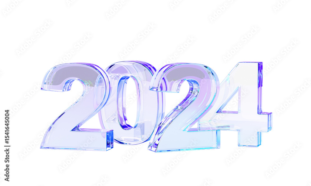 Poster Glass 2024 numbers on purple background, New Year banner. Transparent font with holographic gradient texture. Crystal iridescent 3d render figures, typography text and typeface design