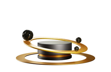 Black podium product display with marble stone spheres balancing on gold metal ring 3d render. Luxury empty geometry stage, pedestal for fashion presentation, stand on dark background