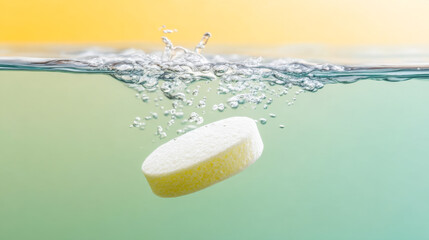 Close-up view of a white tablet effervescing in water with a soft yellow background