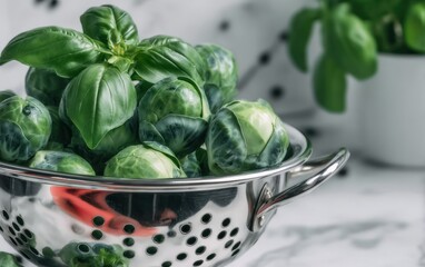 Fresh brussels sprouts in a colander with basil