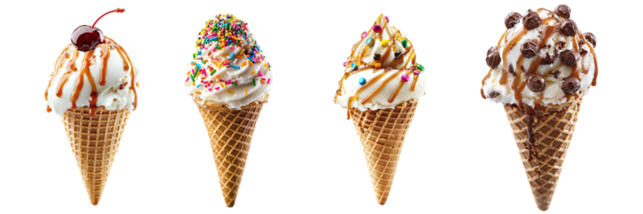 Set of different waffle ice cream cones with colorful sprinkles, caramel, cherry, chocolate balls isolated on transparent background PNG