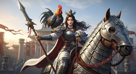 Naklejka premium majestic female war general riding a heavily armoured warhorse, facing directly toward the camera. She has long dark wavy hair, fair skin, and delicate facial features similar to a young Asian woman 