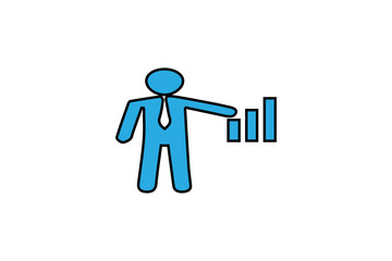 The image is a simple, blue-colored icon of a person, likely a businessman or presenter, standing next to a bar graph