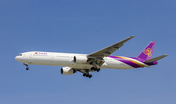 Ho Chi Minh City, Vietnam - &lrm;&lrm;&lrm;October 27, 2019 : A Boeing 777-3D7 Airplane With Registration HS-TKD Of Thai Airways Landing At Tan Son Nhat International Airport.