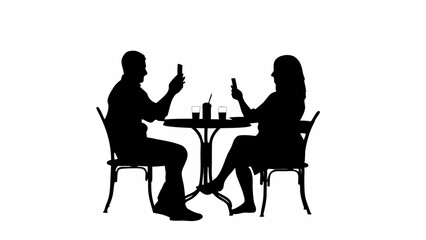 Silhouette of a couple at a table using their phones with drinks in front of them at a cafe or restaurant created with generated ai