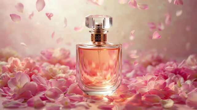 A bottle of perfume is on a table with pink flowers