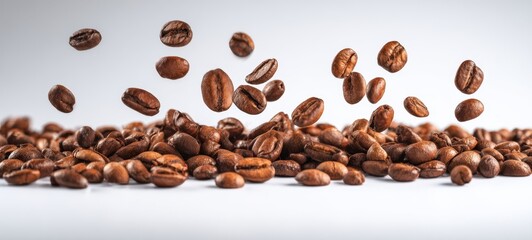 Obraz premium The airborne coffee beans create a stunning visual in mid-air display.