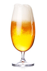 A glass of beer with a golden hue and frothy head, isolated on a clean white background