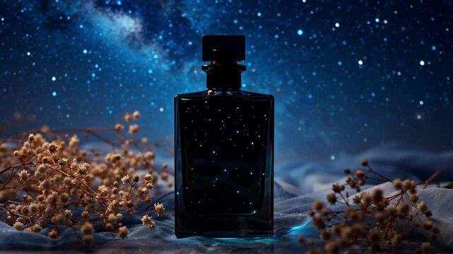A bottle of perfume is on a table with some flowers