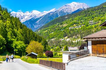 Lechtal Austria alpine mountain landscape panorama and village.