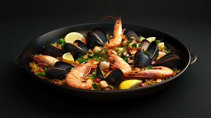 3d render Scrumptious Seafood Paella: A Culinary Delight AI generative