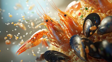 3d render Vibrant Seafood Paella: Shrimp, Mussels & Saffron Rice Dish AI generative