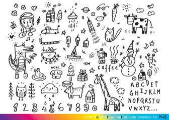 Obraz premium Collection of hand drawn cute doodles,Doodle children drawing,Sketch set of drawings in child style,Funny Doodle Hand Drawn,Page for coloring, cute animal hand drawn, cute Doodle