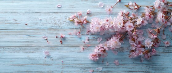 The exquisite cherry blossoms elegantly arranged on a rustic wooden background.