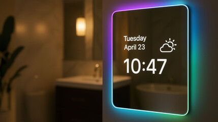 Modern smart mirror displaying time and weather in luxury bathroom with marble wall and wooden accents representing futuristic home technology