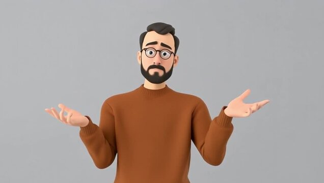 a man in a brown sweater standing against a neutral grey background. He performs a classic "I don't know" gesture