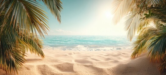 The serene beach framed by palm trees on a sunny day.